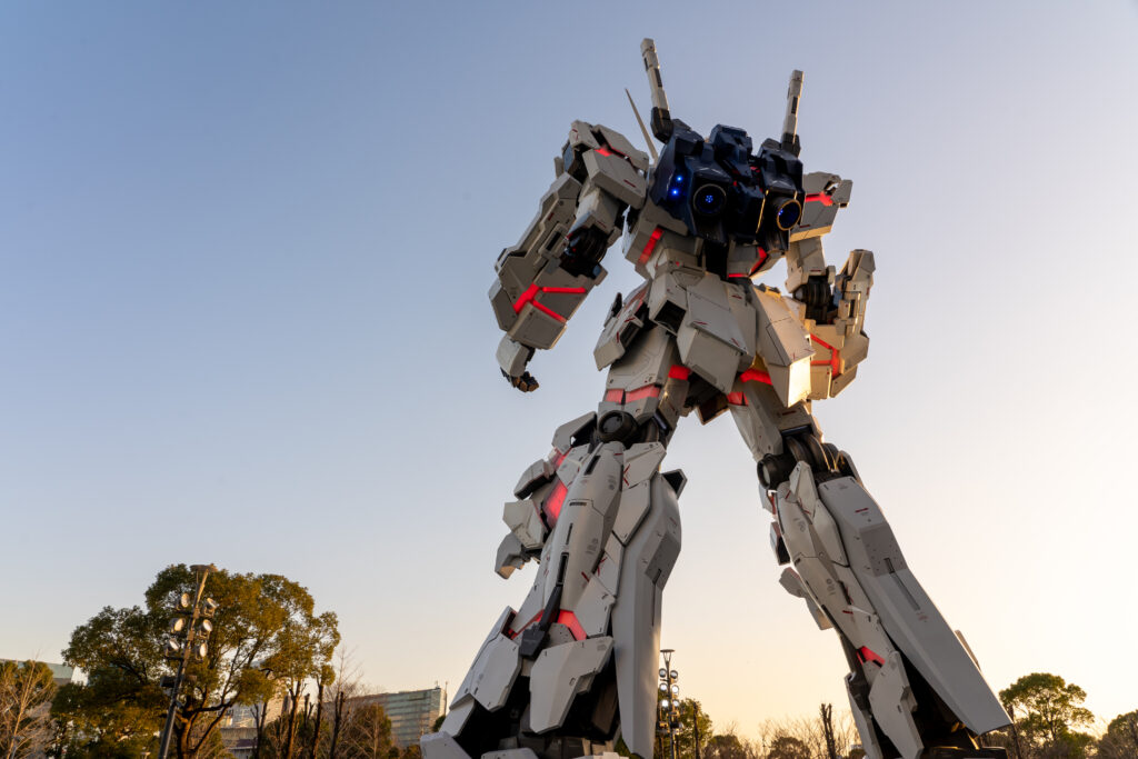 Unicorn Gundam standing statue seen from back